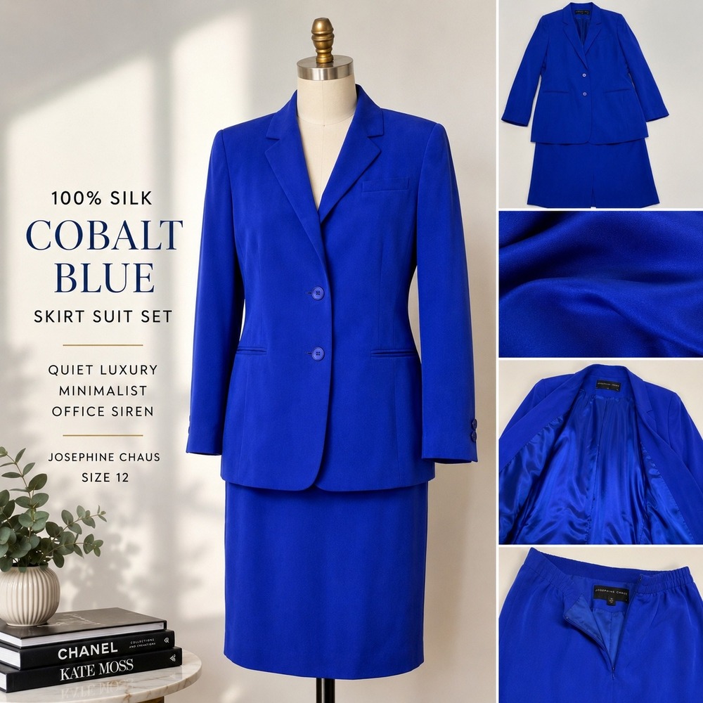 Cobalt Sapphire Blue Silk Skirt Suit Set Quiet Luxury Office Siren Minimalist 12
